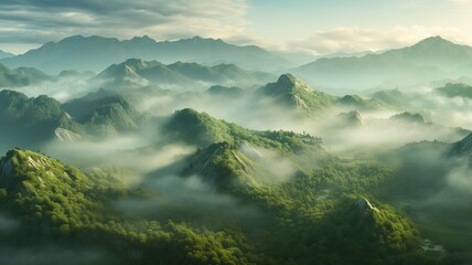 Wall Mural - a photograph of the peaceful morning landscape of misty mountain hills and dense forest, the fresh green hilltops emerging through the fog