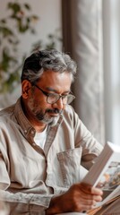 Poster - Man with gray hair and beard wearing glasses reading a book in a cozy room with plants and soft light.