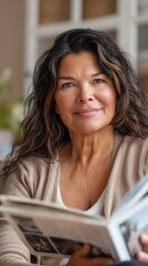 Poster - .1 Woman with curly hair smiling holding a book in a cozy room with shelves in the background