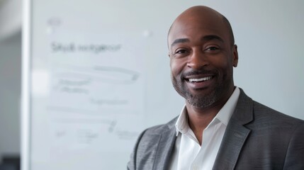 Poster - Smiling man in suit standing in front of whiteboard with writing.