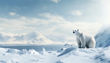 Polar bears walks in extreme winter weather, standing above snow with a view of the frost mountains