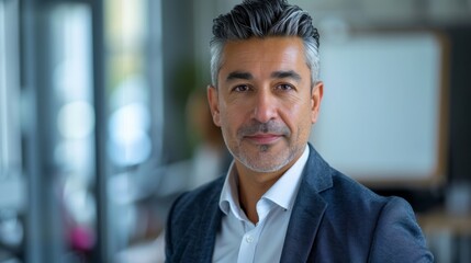 Poster - A man with graying hair wearing a dark suit and a white shirt standing in an office with a blurred background looking directly at the camera with a slight smile.