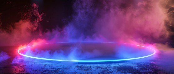 Circular stage with neon lights outlining the edge, surrounded by a smoky mist with a gradient of blue and red, creating a vibrant ambiance