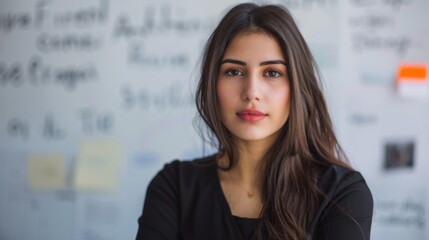 Wall Mural - A young woman with long brown hair wearing a black top standing in front of a whiteboard with various notes and images.