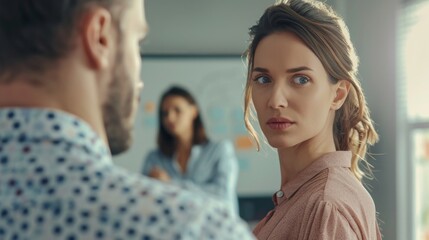 Sticker - A woman with a concerned expression looking to her left in an office setting with a blurred man and another woman in the background.