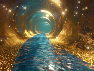 Wall Mural - A tunnel with a river flowing through it. The tunnel is made of gold and the water is blue