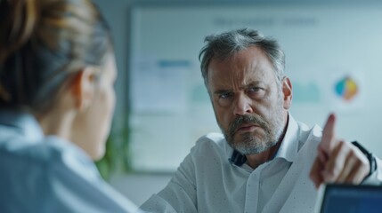 Poster - A man with a beard and gray hair wearing a white shirt pointing his finger with a stern expression engaged in a serious conversation with a woman who is not visible in the frame.