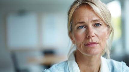 Wall Mural - A woman with blonde hair and blue eyes wearing a light blue shirt looking thoughtful with a slight smile set against a blurred background of an office environment.