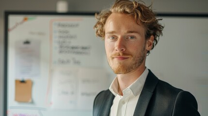 Wall Mural - A man with curly hair a beard and a suit standing in front of a whiteboard with notes and drawings.