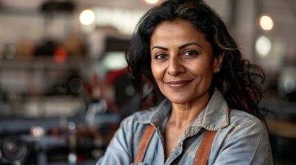 Smiling woman with dark hair and brown eyes wearing a denim shirt and suspenders standing in a workshop with blurred machinery in the background.