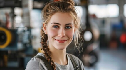 Canvas Print - Young woman with blonde hair and blue eyes smiling wearing a gray shirt with suspenders standing in a workshop with blurred machinery in the background.