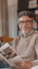 Poster - Smiling man with glasses wearing a beige sweater sitting in a cozy room reading a magazine.