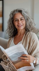 Poster - Smiling woman with gray curly hair wearing a beige cardigan reading a magazine with a nature cover.