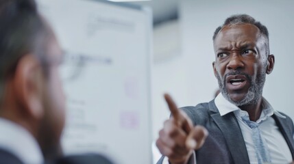 Poster - Angry man in suit pointing finger at another man in office setting.