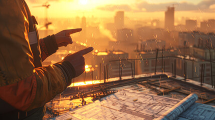 Wall Mural - close-up details of workers hands pointing at a blueprint on a rooftop, the early sunlight casting long shadows, and a soft-focus urban landscape in the distance.