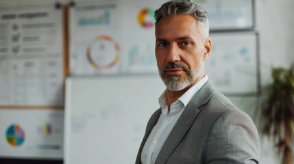 Poster - A man with a beard and gray hair wearing a suit standing in an office with whiteboards and charts in the background.