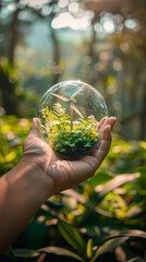 Poster - a hand holding a spherical, grassy miniature world with a small wind turbine, the green blades contrasting with the soft green hues of nature