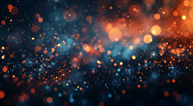 A dark blue background with orange bokeh lights, creating an abstract and atmospheric wallpaper with glowing particles. The composition is dynamic, with the bright light of stars shining through the d