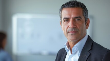 Poster - A man in a suit standing in front of a whiteboard with a thoughtful expression.