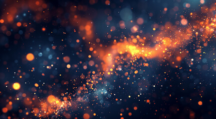 Wall Mural - A dark blue background with orange bokeh lights, creating an abstract and atmospheric wallpaper with glowing particles. The composition is dynamic, with the bright light of stars shining through the d