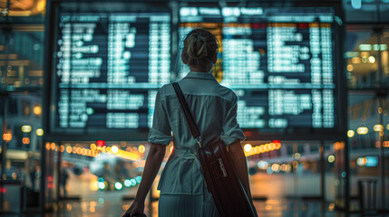 Sticker - a poised flight attendant, her luggage in hand, ready to assist, with the departure board and the gleam of the airport lights around her.