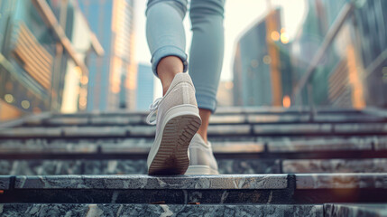 Wall Mural - a person clad in casual wear, climbing the stairs within a corporate city setting, evoking the steady pace of career advancement.