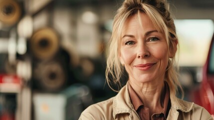 Wall Mural - A woman with blonde hair smiling wearing a beige jacket standing in a garage with blurred car parts in the background.