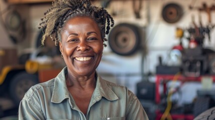 Wall Mural - A smiling woman with braided hair wearing a green shirt standing in a garage with various tools and equipment in the background.