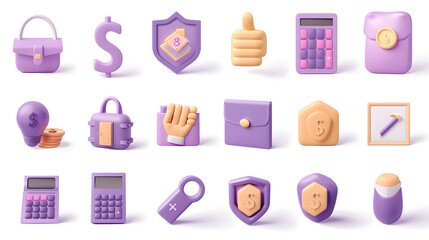 Set of icons for web design, business elements such as wallet with money, shield and handshakes, calculator in the style of purple color on white background, vector illustration style, 3d icon clay re