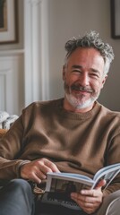 Poster - A man with a gray beard and curly hair wearing a brown sweater sitting on a couch and smiling while holding a book.