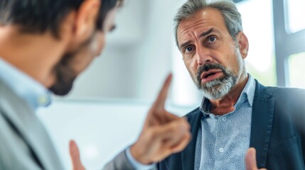 Poster - Two men engaged in a conversation one gesturing with a pointed finger the other attentively listening in a professional setting with a blurred background.