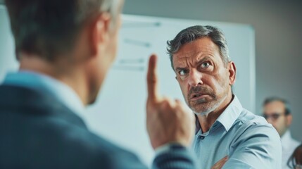 Poster - Man in business suit pointing finger with intense expression.