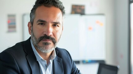 Wall Mural - A man with a beard and mustache wearing a suit and tie sitting in an office with a whiteboard and a window in the background.