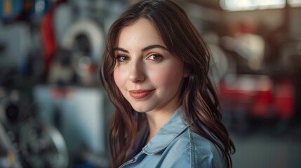 Wall Mural - A young woman with long brown hair wearing a light blue shirt smiling gently with a soft blush on her cheeks set against a blurred background of a workshop or garage.