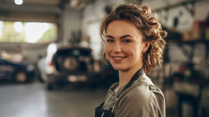 Wall Mural - A young woman with curly hair smiling wearing a mechanic's uniform standing in a garage with blurred cars in the background.