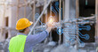 © Have a nice day  - Engineering technician worker connecting link computer technology, futuristic holographic tech architecture innovation analyzing planning building, wearing safety vest and helmet gears.