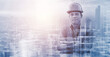 © Have a nice day  - Engineering worker future industry double exposure city concept, construction buil;ding city development planning innovation, contractor technician, architect, city background blue banner.
