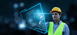 © Have a nice day  - Engineer using computer laptop planning analyzing technology, architect builder construction site worker building city structure, blue banner background, ui graphics display interface blueprint.
