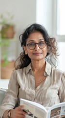 Poster - A woman with glasses wearing a beige blouse sitting in a modern room with a blurred background holding a magazine.