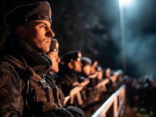 Wall Mural - A group of men in military uniforms stand in a line, watching something. Scene is serious and focused