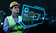© Have a nice day  - Engineer using computer laptop planning analyzing technology, architect builder construction site worker building city structure, blue banner background, ui graphics display interface blueprint.