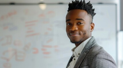 Poster - A young man with a beard and short hair wearing a gray blazer and a white shirt standing in front of a whiteboard with various notes and drawings smiling confidently.