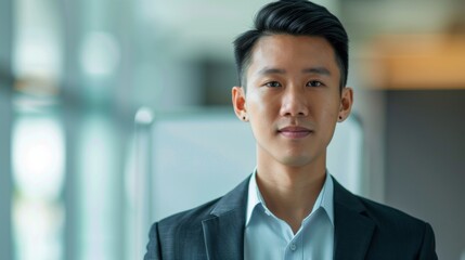 Sticker - Young Asian man with short hair wearing a dark suit and light blue shirt standing confidently in an office setting with blurred background.