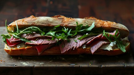 Wall Mural - High-angle shot of a gourmet hoagie with rare