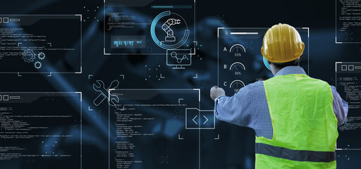 Software engineering designing programming code application softwares development using AI digital artificial intelligence, computer internet technology industry graphical icon, banner background.