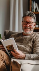 Wall Mural - A bearded man in a cozy sweater smiling and holding a book sitting comfortably on a couch in a warmly lit room.