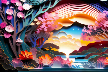 Wall Mural - rainbow and flowers, pop up book sculpture paper cutout layers wallpaper, mystical nature background