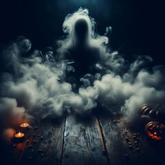 Wall Mural - A spectral figure rises from the mist, surrounded by Halloween motifs like jack-o’-lanterns and flickering candles, evoking an eerie ambiance