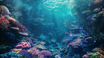 Wall Mural - Colorful, vibrant underwater coral reef teems with diverse marine life.