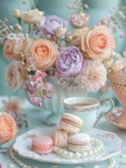 Wall Mural - Colorful macaron afternoon tea decorations, surrealist photography, food close-up shots, Michelin, macaron color scheme, mixed flowers and pearls, dreamy romantic style